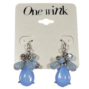One Wink Blue Beaded Cluster Teardrop Dangle Earrings Silver Tone Wedding Summer